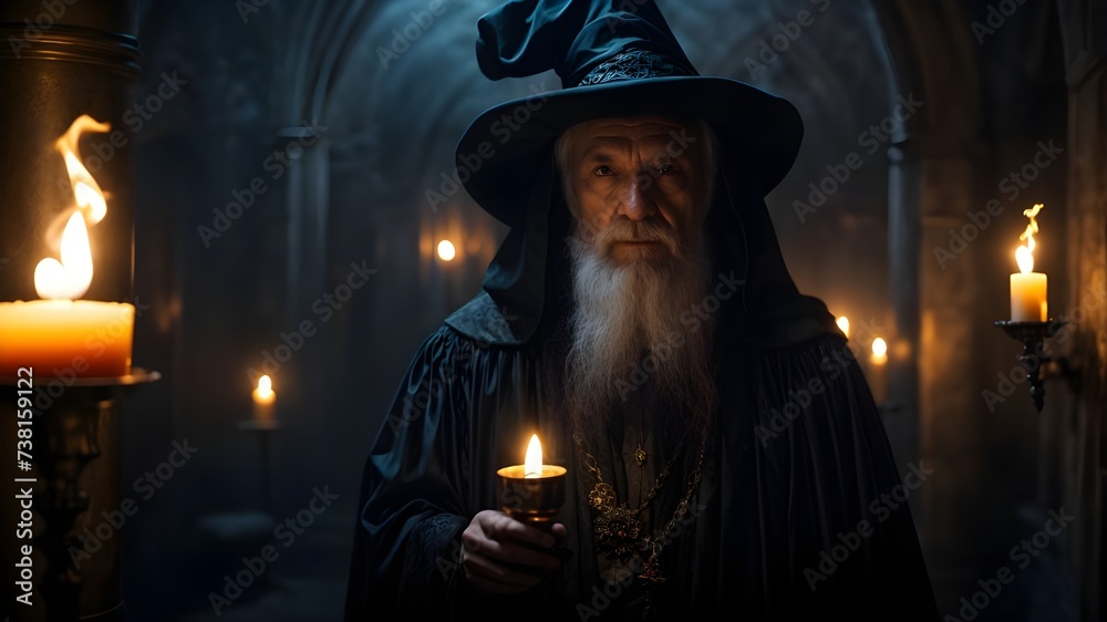 jesus on the cross. A creepy looking wizard holding a little candle. Ai ganerated image.