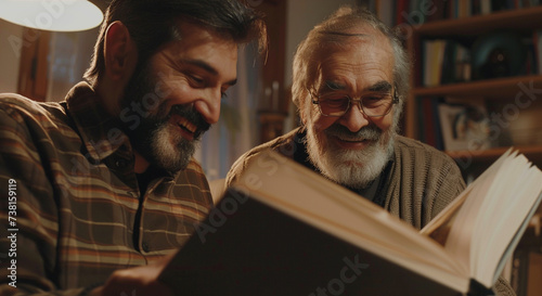 A social worker and an elderly man smiling together while looking at a photo album, reminiscing about past memories, Social work, dynamic and dramatic compositions, with copy space