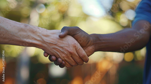 A social worker engaging with the community, shaking hands with a local leader at a neighborhood event, Social work, dynamic and dramatic compositions, with copy space