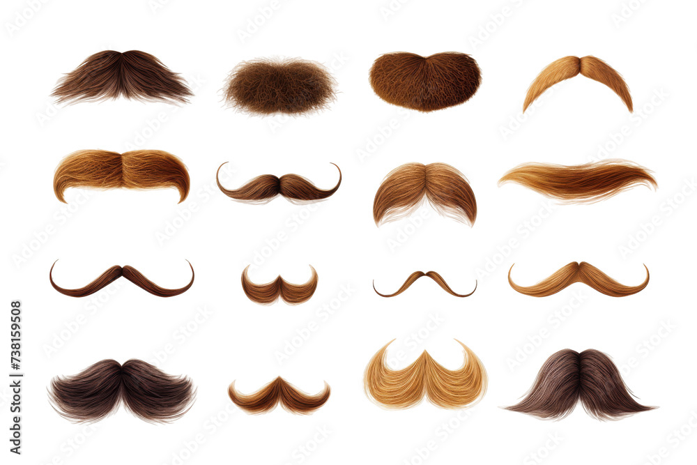 Assortment of Different Types of Mustaches. This photo showcases a variety of distinctive mustache styles, each highlighting a unique and diverse range of facial hair designs. - obrazy, fototapety, plakaty 