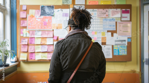 A social worker standing in front of a bulletin board, organizing a schedule of community support groups and activities, Social work, dynamic and dramatic compositions, with copy space