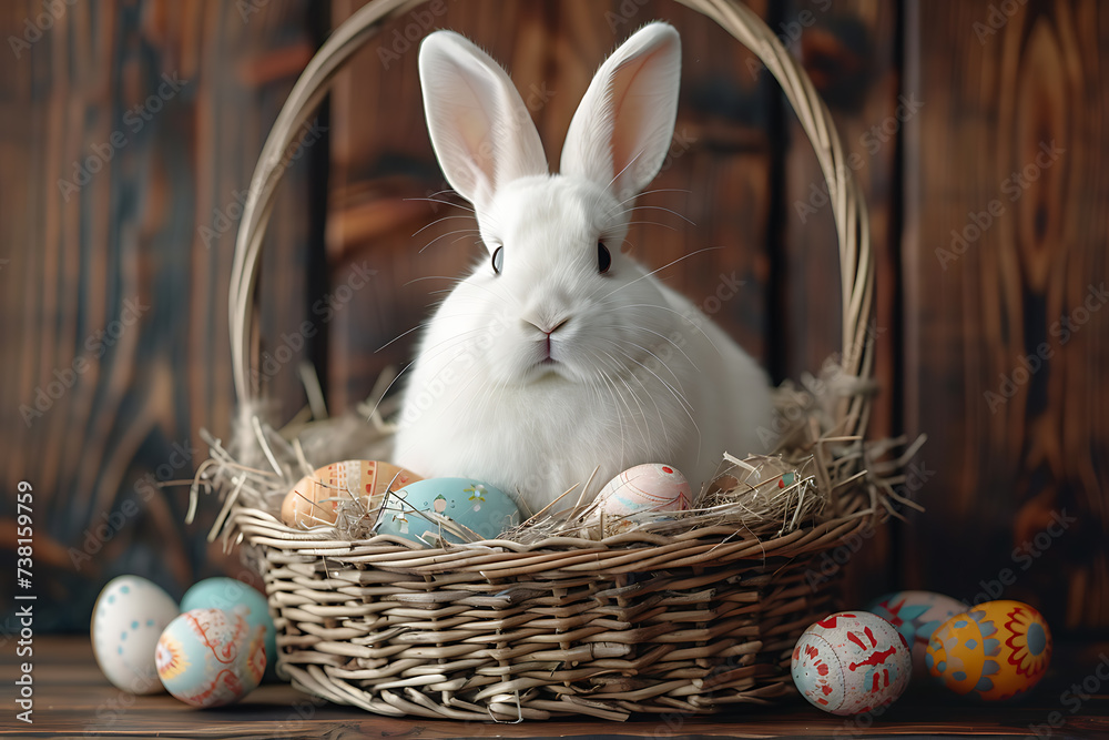 concept of Easter, a white fluffy Easter bunny sitting in a basket with colorful eggs on a wooden background, slightly offset from the center, and empty space on the side concept of Easter, a white fluffy Easter bunny sitting in a basket with colorful eggs on a wooden background, slightly offset from the center, and empty space on the side