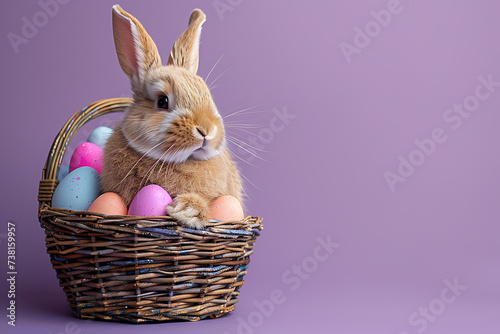concept of easter, a white fluffy easter bunny sitting in a basket with colorful eggs on a purple or violet background, slightly offset from the center, and empty space on the side