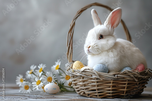 concept of easter, a white fluffy easter bunny sitting in a basket with colorful eggs on a silver  background, slightly offset from the center, and empty space on the side © Evhen Pylypchuk