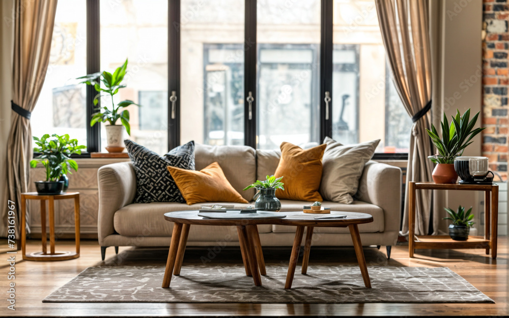 Rustic coffee table near white fabric sofa against window Japandi style home interior design of modern living room