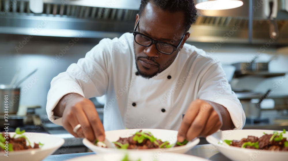 A focused chef in a professional kitchen is meticulously garnishing a dish, ensuring each element is perfectly placed for service. A focused chef in a professional kitchen is meticulously garnishing a dish, ensuring each element is perfectly placed for service.