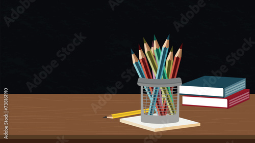 background with pencils, books and a chalkboard. School return