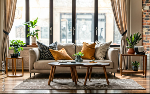Rustic coffee table near white fabric sofa against window Japandi style home interior design of modern living room © NISHAN'S STUDIO