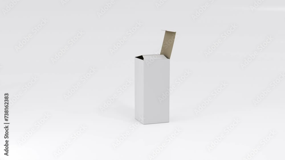 Realistic white box opens to reveal a transparent bottle for pharmacy or cosmetic products. 3d animation on white background