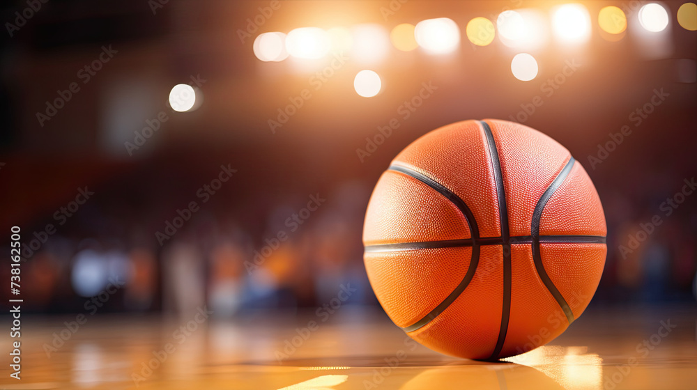 Close up of a Basketball ball in the center of the stadium all lights on it.