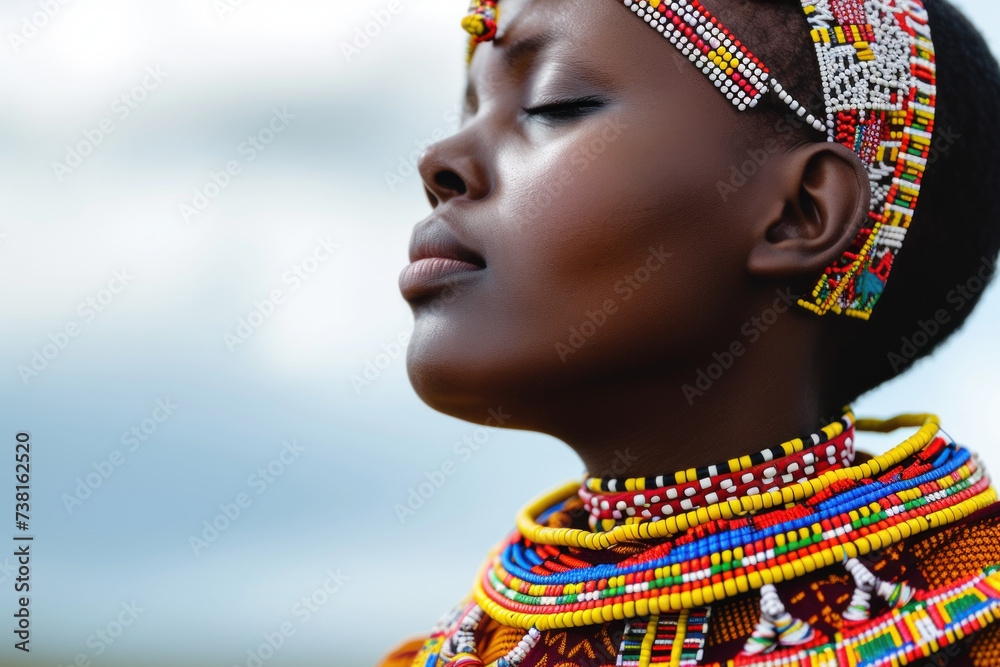 Pride of Heritage: African Woman in Traditional Maasai Beaded Jewelry Embracing the Sky