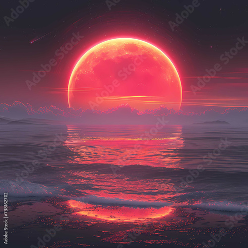 Majestic Red Solar Eclipse Over Tranquil Ocean