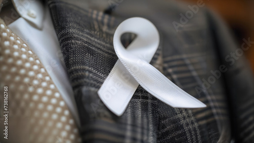 A pristine white ribbon takes center stage in a close-up image on a suit jacket, symbolizing advocacy for violence prevention against women and promoting peace