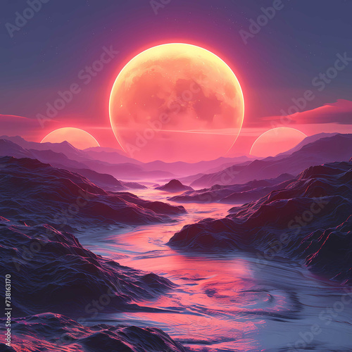 Surreal Alien Landscape with Triple Red Moons Overlapping photo
