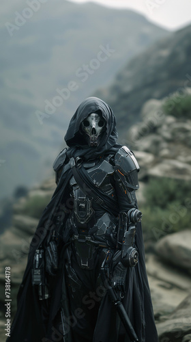 Dark, ominous scene of armored skull-faced figures in a foggy atmosphere.
