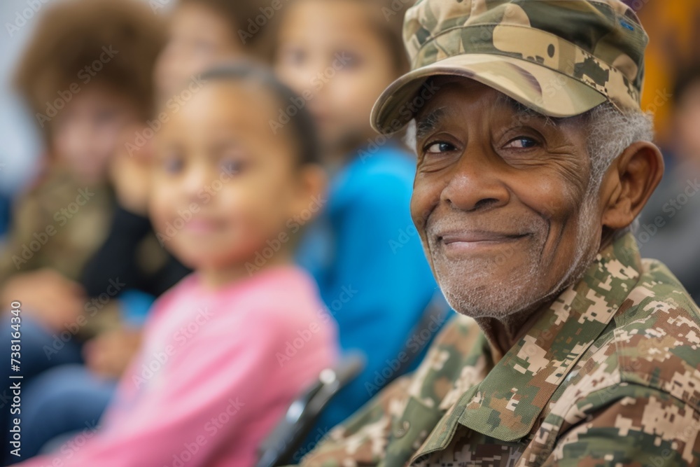 A veteran attending a children's school event, proudly participating in their children's life and community.