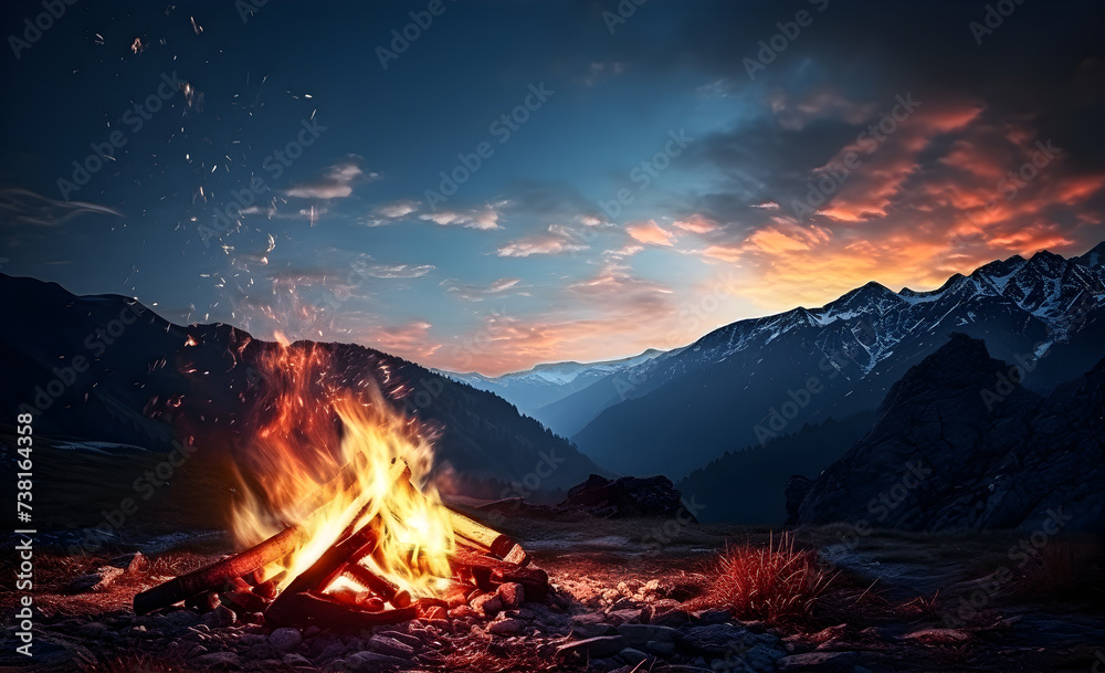 Bonfire on the background of the sky in the mountains.