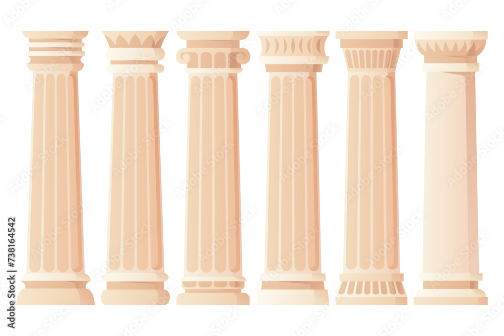 Ancient column set. Museum and exhibition. Cartoon greek or roman pillars. Antique decorative element. Cartoon flat vector isolated on white Ancient column set. Museum and exhibition. Cartoon greek or roman pillars. Antique decorative element. Cartoon flat vector isolated on white