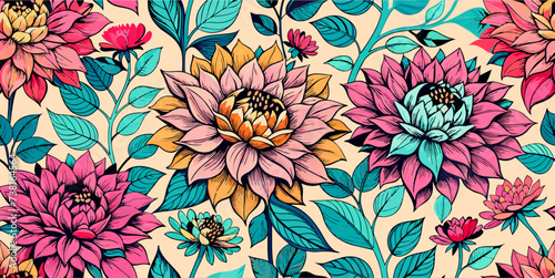 Seamless colorful pattern of hand drawn dhalia flowers with leaves - a vector illustration © ahmta