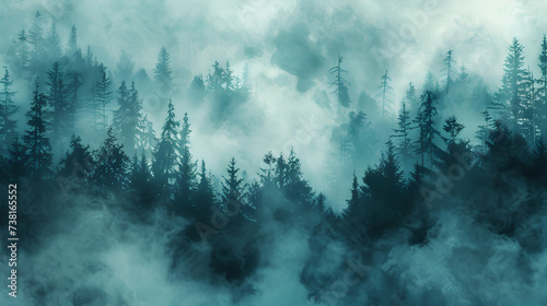 Misty dark forest with white fog in the trees aerial top view in the mountains autumn morning,, Spooky foggy forest landscape for Halloween designs