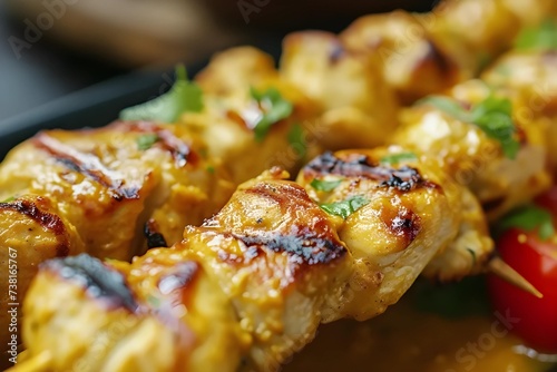 A close-up portrayal capturing the vibrancy and flavor of Thai Chicken Satay, showcasing grilled skewers served with peanut sauce, reminiscent of stock photo quality.
