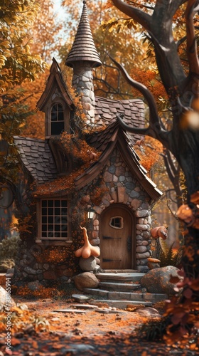 A witchs charming cottage in an autumn forest