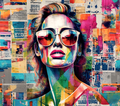 Abstract collage of woman in glasses on newsprint background with paint spatter