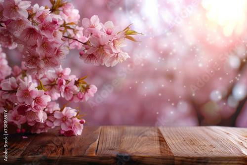 Old wood table with pink Sakura flowers blooming blossom blurred background