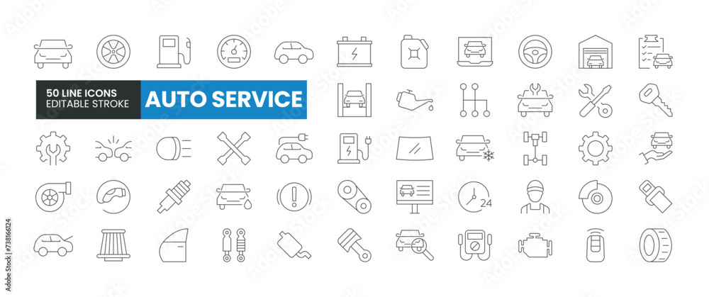 Set of 50 Auto Service line icons set. Auto Service outline icons with editable stroke collection. Includes Garage, Fuel, Engine, Mechanic, Car Wash, and More.