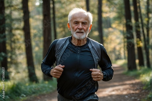 An elderly man leads an active lifestyle and goes jogging in nature