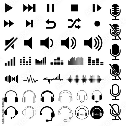 music icons set play sound volume mic headphone sound waves pause forward backward shuffle random set of icons