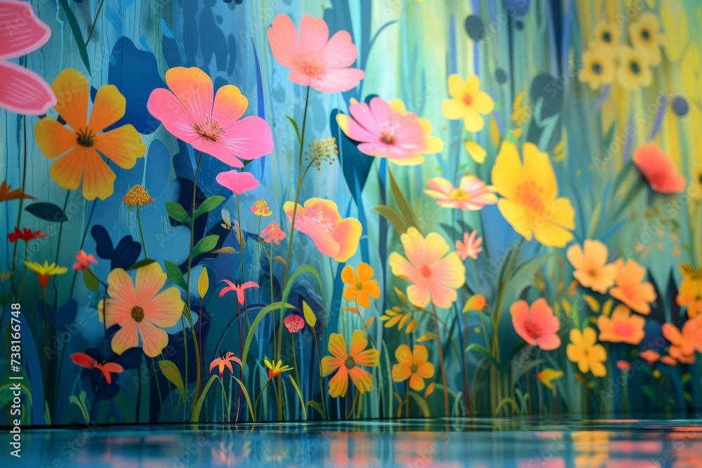 background with pastel flowers growing from water in a fantasy jungle. Generative AI - obrazy, fototapety, plakaty 