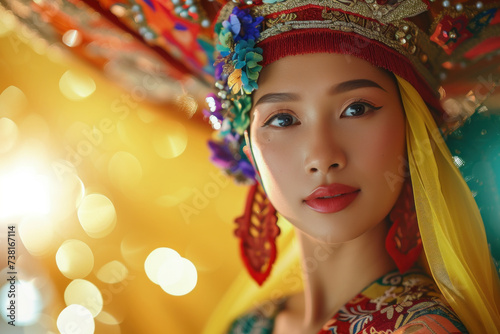  Portrait of a Young Woman in Traditional Asian Attire with a Festive Background