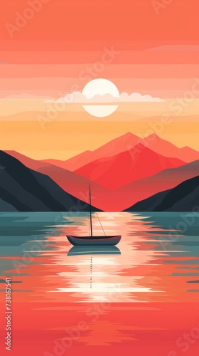 a boat on a lake  in the style of minimalist landscapes  warm tones