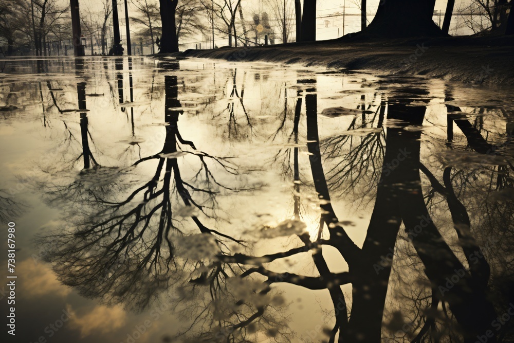 A dark and depressing forest with trees and their shadow in the water