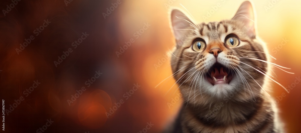 Happy funny excited little cat with long ears and wide open mouth on bright background, banner with copy space	
