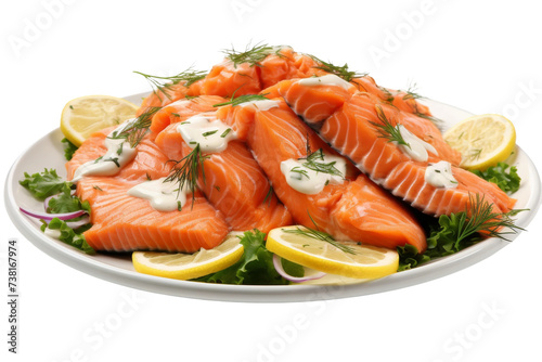 White Plate Topped With Salmon and Lemon Slices. A white plate showcases a delectable dish of salmon with lemon slices on top, creating an appetizing presentation.