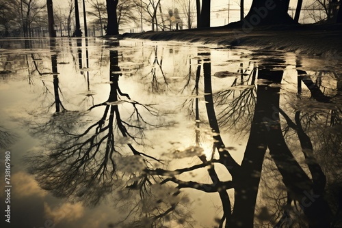 A dark and depressing forest with trees and their shadow in the water