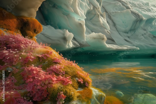 A serene landscape painting of a solitary pink flower blooming on a rugged reef, surrounded by the tranquil waters and majestic mountains of nature's canvas