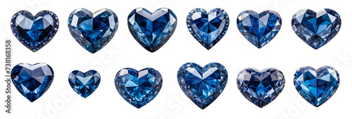 Collection of sapphire hearts, isolated on transparent background. 