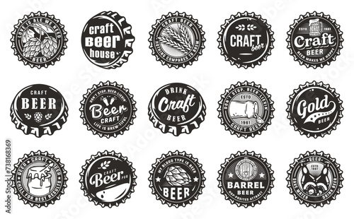 Beer Set of Retro Vintage Beer Badges and Labels for the Design of Brewed in a Craft Brewery. Collection of Premium Quality Beer and Brewery Logos for Pubs and Bars. Beer Cap or Metal Cork