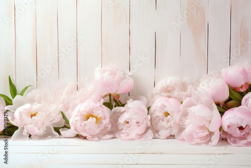 Peonies on a white wooden background © Guizal