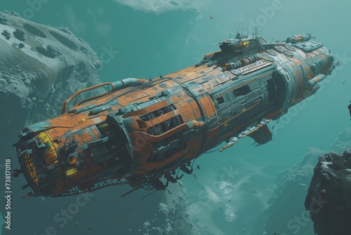 A derelict spaceship drifting in the abyss of space, full of artifacts of an alien civilization