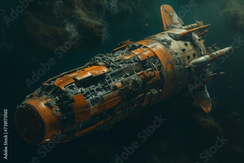 A derelict spaceship drifting in the abyss of space, full of artifacts of an alien civilization