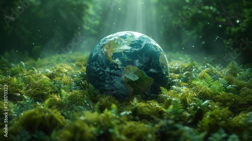 earth day, abstract image of the globe in green grass and sunlight