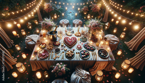 Intimate Valentine’s Day Dinner Table with Heart-Themed Decor and Candlelight