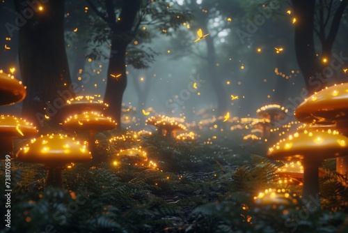 A mystical forest with glowing mushrooms and fireflies creating a magical atmosphere