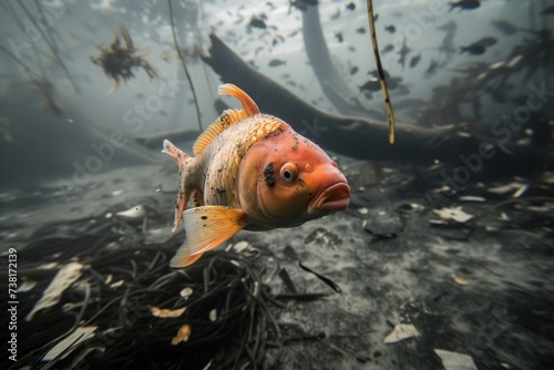 Fish swimming in a polluted river covered in sores photo