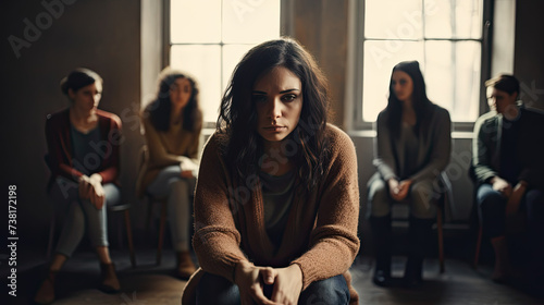 Sad depressed Woman at support group meeting for mental health and addiction issues