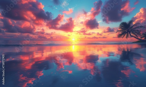 Tropical beach paradise with a colorful sky s reflection. Trandy 